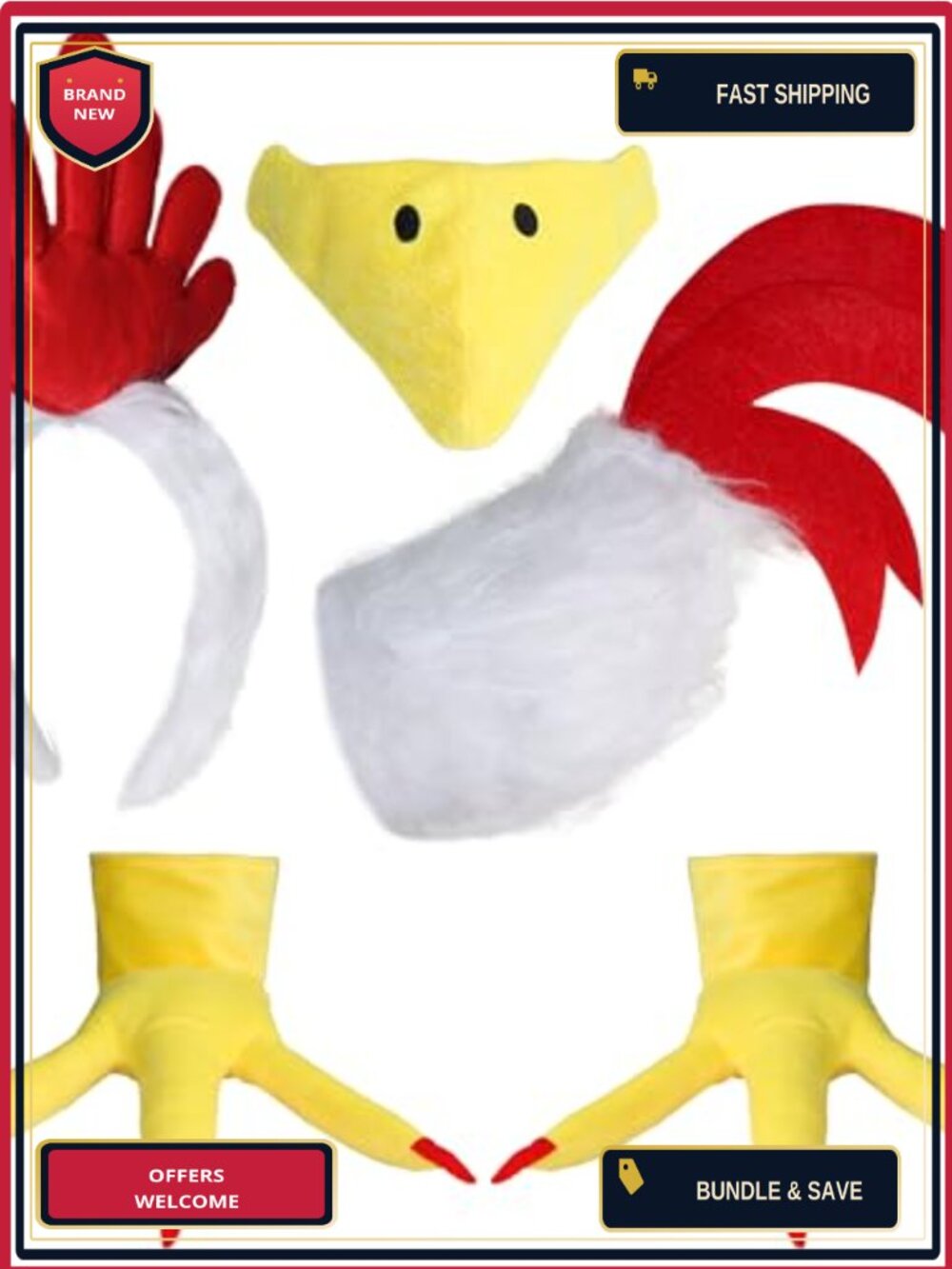 Rooster Chicken Costume Kit 5 Piece Headband Tail Beak Feet Cosplay